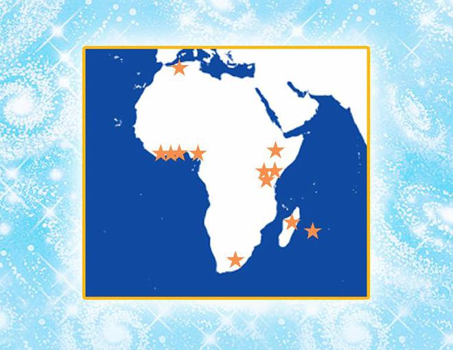 01_CurrentGovs.jpg - Stars on the map indicate the countries in which Maharishi's programmes are being offered: Algeria, Nigeria, Ivory Coast, Ghana, South Africa, Madagascar, Kenya, Reunion, Uganda, Rwanda, and Ethiopia.