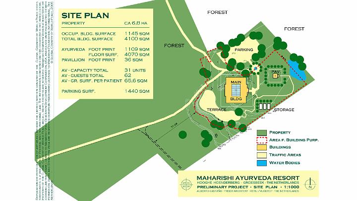 Holland02.jpg - The site plan for the property indicates the location of bodies of water, the Centre, a pavilion, and forested areas surrounding the site.