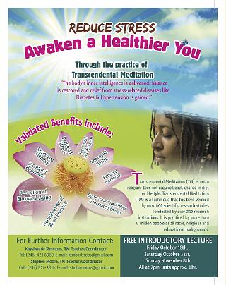 1.jpg - 10 September 2009A flyer Winston Walker helped create for the Mind, Body Expo advertised introductory lectures on the Transcendental Meditation (TM) Technique. TM teacher Kayshwarie Simmons of Barbados reported that many people are now learning TM and having excellent results.