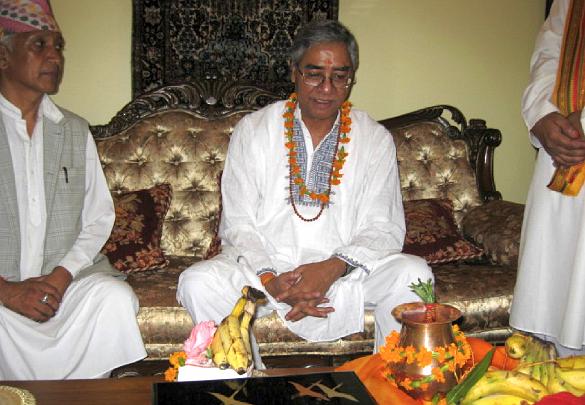 GFC_August_2009.014.jpg - The Congress Party leader listens to Vedic recitation with Deepak Baskota, Chairman of the Nepal Maharishi Vedic Foundation.