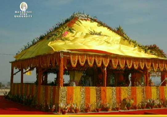 SangamNoFlags.jpg - Mandap over the cremation site of the 10 February 2008 ceremonies of Maharishi's Mahasamadhi. The site is located at Triveni Sangam, the confluence of the holy rivers Ganges, Yamuna, and Saraswati.