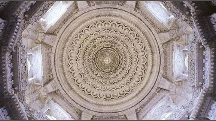 Slide20.jpg - The work in progress shows the fine carving and artistry in the pillars, ceiling, and other decorative panels for the Maharishi Samadhi Smarak, the memorial of Total Knowledge, celebrating the eternal Vedic wisdom of His Holiness Maharishi Mahesh Yogi.