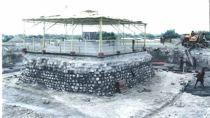 Slide42.jpg - Earlier work on the third level of construction at the foundation. The mountain on which the Smarak will stand was originally created as the foundation for the Ved Mandir, and will need to be adjusted for the comparatively large, heavy Samadhi structure.