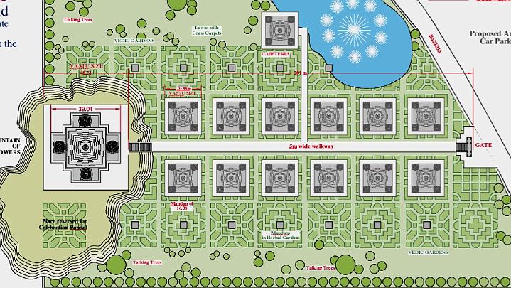 Slide49.jpg - At the front, on the lower level, there are 12 Mandaps [halls] of knowledge, containing the 12 areas of Maharishi's knowledge?similar to the exhibitions of knowledge to be displayed in the 12-story Tower of Invincibility planned for every country.