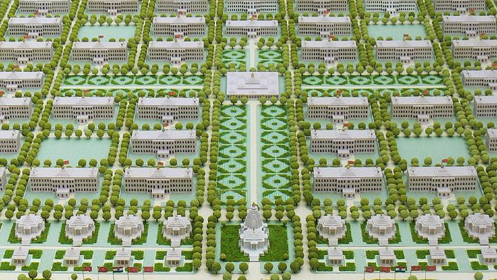Slide53.jpg - Crystal model for the Brahmananda Saraswati Nagar. The temple in the foreground will hold a representation of all 12 Jyotir Lingas and be the Samhita value of them all.