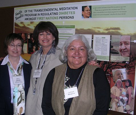 MaryG,MarieF,CathMandoka.jpg - First Nations bands have been impressed with the effective treatment of diabetes by the practicing the Transcendental Meditation Programme. From left: Mary Glasser, Ottawa Teacher of Transcendental Meditation; Dr Marie Frawley-Henry, Senior Policy Analyst and Chair of the AFN Diabetes Working Group, who organized and lead the Ottawa event involving around 20 regional First Nations bands; Cathryn Mandoka, Health Director for the Association of Iroquois and Allied Indians and member of the Diabetes Working Group.