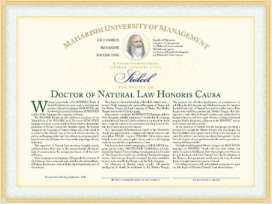 Stolcel-degree.jpg - Presented with a PhD in 2009 at Maharishi University of Management, Stolcel worked in collaboration with Maharishi Mahesh Yogi to correlate the syllables of his Mother Tongue, Sencoten, with the syllables in ancient Vedic texts. Governments are now taking a great interest in First Language preservation and teaching.