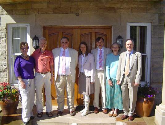 19-August-2010-015.jpg - At the door of the Vastu house owned by Anne and Stephen Warren, on left; next, Prime Minister Dr Bevan Morris; Mother of the Domain, Liselotte Warburton and Raja Peter Warbruton; Drs Sue and Richard Johnson, the National Director of England for the Global Country of World Peace.