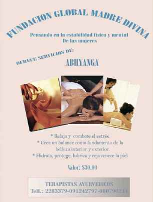 02-Ecuador.jpg - As a first step toward establishing a Day Spa within a Maharishi Ayur-Veda Health Centre, the Global Mother Divine Organization leaders in Guayaquil decided to offer abhyangas (special Ayur-Vedic massage) to the general public. As a preliminary to offering Panchakarma treatments at the health centre, abyangas are a deeply relaxing, rejuvenating Spa treatment. This flyer brought a very good response. The first two ladies to become Spa clients also heard for the first time about the Transcendental Meditation Programme, and both learnt the practice.