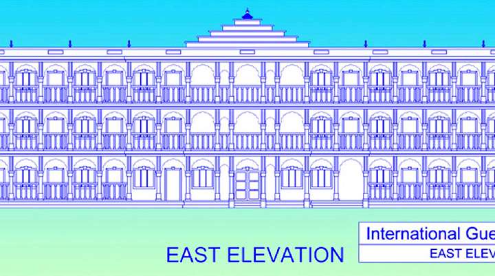 07.jpg - Front view of the newly planned, three story building with 10 suites on each floor, 30 suites total, for guest to come and enjoy spending time in the Brahamanstan. 