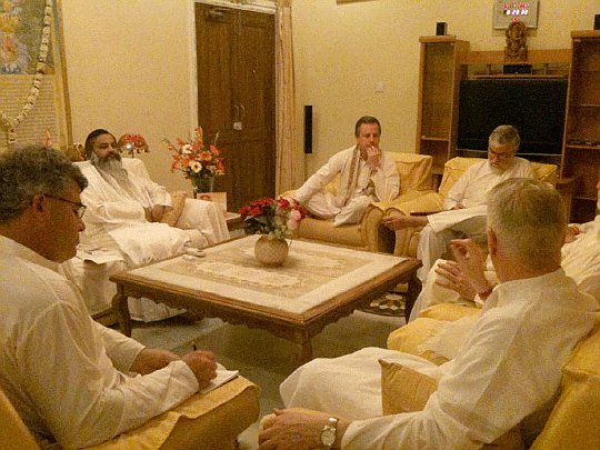 PlaningBhopal.jpg - The delegation had a planning session with Dr Girish Varma and Raja Harris in Bhopal for the establishment of 8,000 Maharishi Vedic Pandits at the Brahmasthan of India, and Vedic Pandits at each of the 12 centres that are responsible for enlivening a subtle but dynamic, positive upsurge in the consciousnes of a specific number of countries for each location, called Jyotir Lingas.