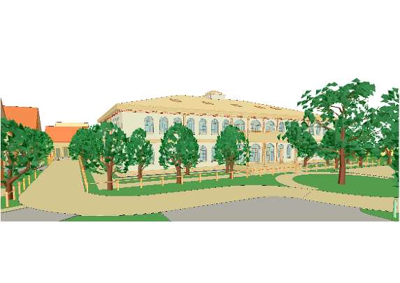 07-3d-from-SE-2.jpg - The Peace Palace and Education Centre contains living space as well as classrooms and assembly halls for Yogic Flying. Meeting of engineers from many fields were held to finalize plans for the building and meet requirements of various disciplines such as legal issues, building codes, conservation, and, above all, the natural principles and requirements of Maharishi Sthapatya Veda.