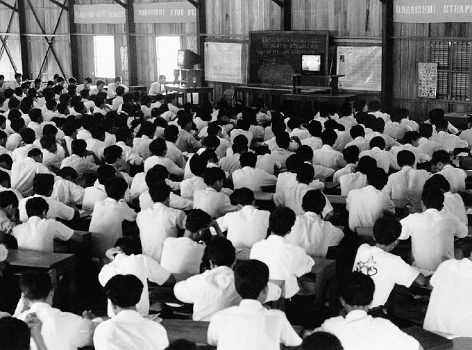 Students-Studying-the-First-SCI-Course-in-Cambodia-in-1993.jpg - Students studying the Science of Creative Intelligence course at Maharishi Vedic University in 1993. They joined the peace-creating initiatives of other groups in the region by learning the Transcendental Meditation-Sidhi programme to create coherence and invincibility for their country.