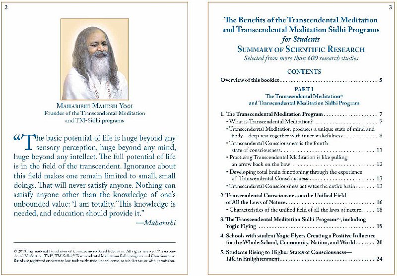 Slide02.jpg - 19 February 2011Maharishi speaks on vital role of education today; Table of contents for first half of booklet.