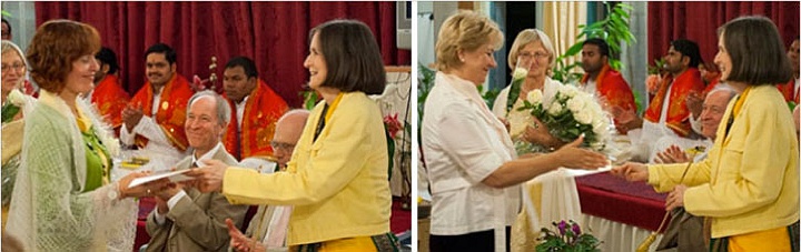 cbe5.jpg - Among participants from 21 countries, graduates from Russia on left and Romania, right, receive their certificates from Dr Marcia Murphy, director of the higher education division of the International Foundation of Consciousness-Based Education, as Dr Michael Dillbeck, International Research Professor at Maharishi University of Management, USA, looks on.