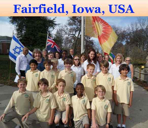 USAmsae.jpg - USA: Some students and faculty of the Maharishi School of the Age of Enlightenment sent warm wishes and raised the Flag of Invincibility in Fairfield, Iowa.
