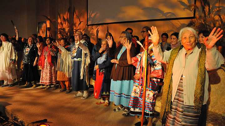 USA_GGN_1.jpg - 10 November 2010Members of the International Council of the Thirteen Indigenous Grandmothers greet the audience in Dalby Hall, Argiro Student Center, Maharishi University of Management at the afternoon session, Saturday, October 2, 2010.