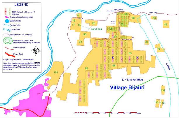 02.jpg - This map of the Bijauri Village at the Brahmasthan of India shows the land (in yellow) and 24 buildings. The four most eastern buildings will be finished for guests to come and enjoy courses.