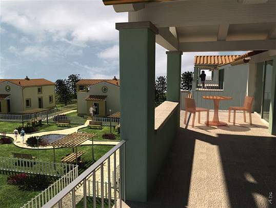 Slide08-renderingB.jpg - Rendering of the beautiful homes at the Maharishi Peace Colony near Milan Italy. Homes will be built according to the principles of Vedic Architecture, using principles of Maharishi Sthapatya Veda, and  the community will help create invincibility for Italy.