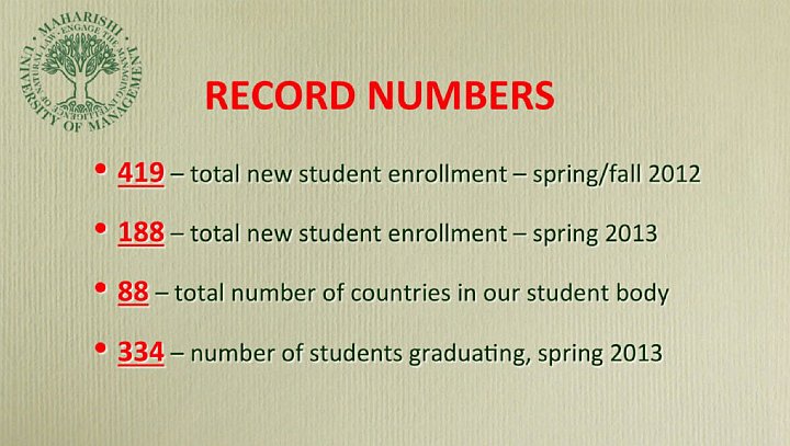 42_Bevan.jpg - Maharishi University of Management graduated 334 students in 2013. Even though enrollment numbers are comparatively small, 419 new students enrolled in the Spring/fall 2012, with 188 new students in spring 2013. Eighty-eight countries are represented in the student body.