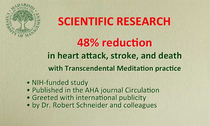 27_Bevan.jpg - A 10-year study conducted by Dr Robert Schneider and colleagues at Maharishi University of Management on the effect of Transcendental Meditation on heart attack, stroke, and death rates showed a 48% reduction. The study, funded the National Institutes of Health, and published in the American Heart Association journal Circulation, was greeted with international publicity.