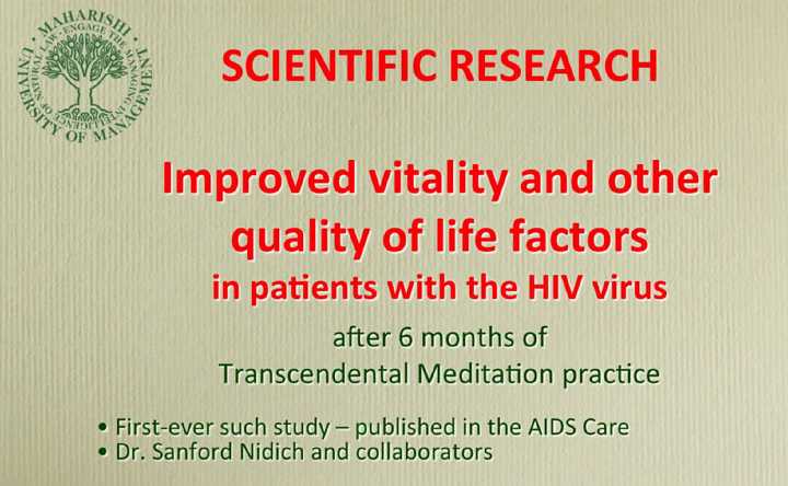63_Bevan.jpg - A recent study at Maharishi University of Management, also by Professor Nidich, in collaboration with researchers at the University of Pennsylvania, showed that after six months of practising Transcendental Meditation vitality and other quality of life factors improved in patients with the HIV virus. This landmark study is the first of its kind and was published in the AIDS Care, which addresses the psychological and socio-medical aspects of AIDS and HIV.