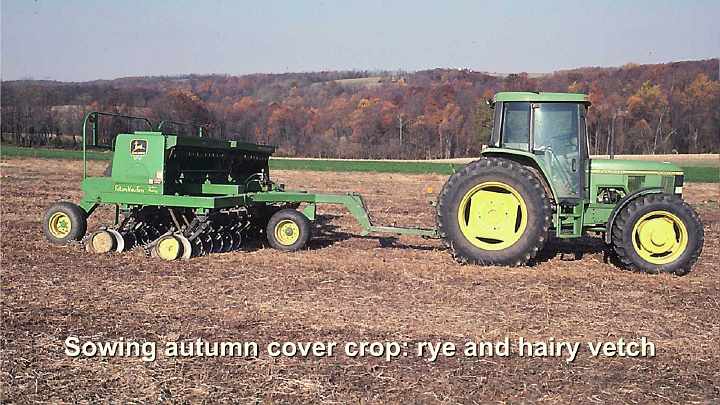 Slide11.jpg - To nourish the soil with vital minerals this farmer plants cover crops in the autumn that grow throughout the winter. In this case he is using rye, and hairy vetch, which is rich in the essential element nitrogen.