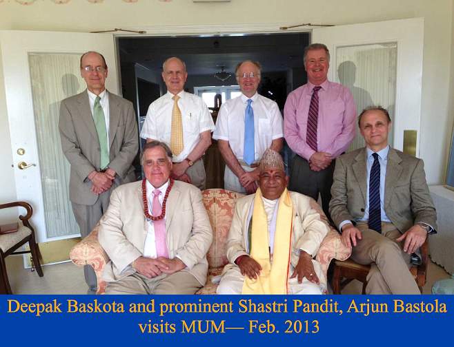 045.jpg - 29 July 2013In addition to his travels to California, Dr Brooks traveled to Iowa, USA, and hosted a prominent Shastri Pandit from Nepal at Maharishi University of Management. Dr Bevan Morris, President of Maharishi University of Management, seated in front with Pandit Bastola.