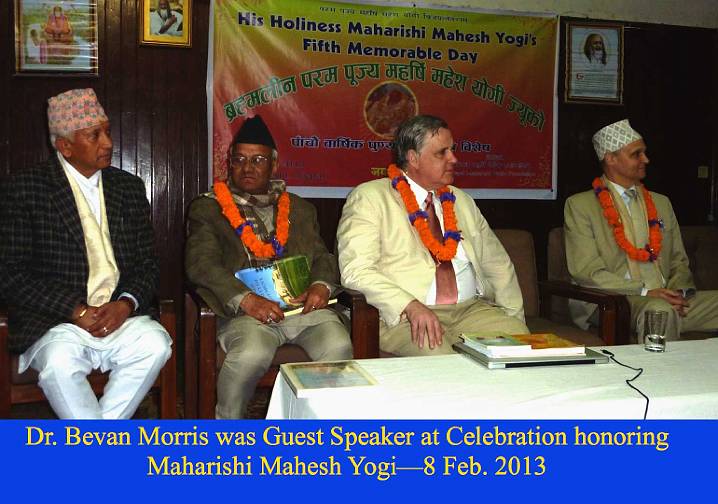 008.jpg - At another event Dr Morris was the guest speaker at a celebration honouring Maharishi Mahesh Yogi. In attendance was former Prime Minister Lokendra Bahadur Chand, Nepal's oldest practitioner of Transcendental Meditation, who learned from Maharishi in 1967. Mr Chand has made important contributions to the development of the Transcendental Meditation organization in Nepal.