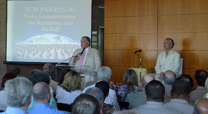27.jpg - Dr Bevan Morris, President of Maharishi University of Management, joined the delegation briefly and addressed the assembly on the theme of the tour, ?A New Paradigm: Veda, Consciousness, the Ramayana, and the Self?.