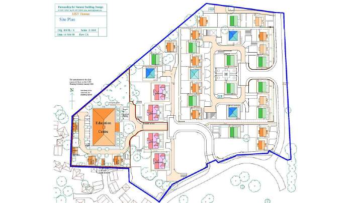 01-SiteLayout-wholesite.jpg - At Maharishi Garden Village in Rendelsham, Suffolk, all coloured buildings are completed and occupied. Construction began on the Education Centre (orange) or Maharishi Peace Palace.