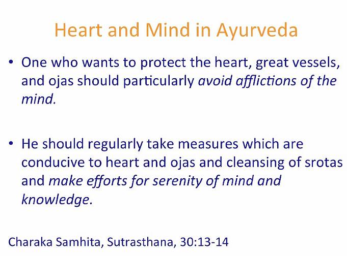 Slide06.jpg - Team members pointed out that for thousands of years, as documented in a major text? Charaka Samhita? it has been known that there exists a relationship between the heart and consciousness. The verse indicates that in order to protect the heart afflictions of the mind should be avoided.