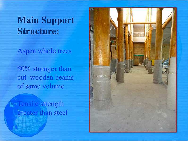 Slide14.jpg - Walking in the front door is like entering a forest. Whole tree aspens support most of the structure. They are fifty per cent stronger than regular wooden beams because they haven?t been cut, and their tensile strength is greater than steel.