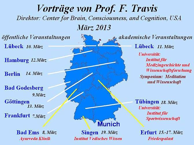 Slide1.jpg - This map of Germany highlights the venues on Dr Fred Travis? recent tour. Dr Travis, Director for the Center for Brain, Consciousness and Cognition at Maharishi University of Management, USA, covered almost the entire country during the two week tour. He concluded the tour in Zagreb, Croatia.