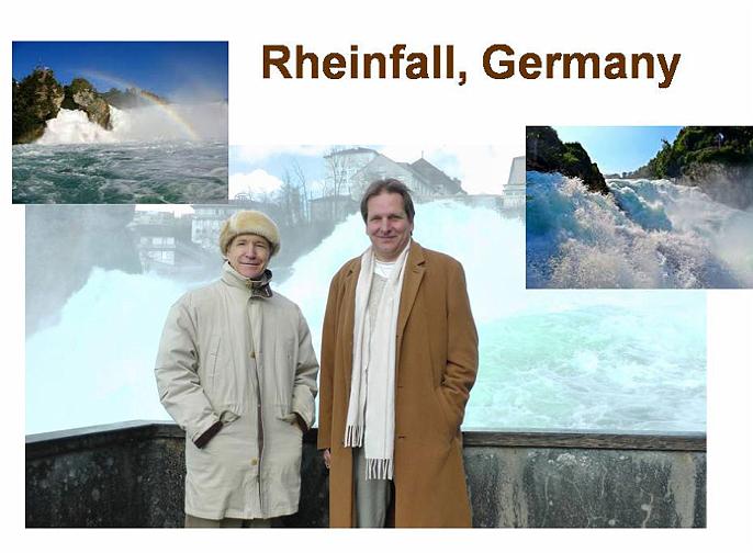 Slide11.jpg - At the Rheinfall Dr Travis and Dr Eckhart Stein enjoyed the view from the cantilevered deck built out above the river, a place where visitors get the feeling of being in the midst of the powerful whitewater. Top views give an idea of the play and display of the Rhine.