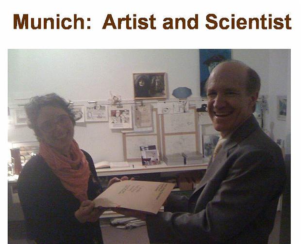 Slide13.jpg - Ms Isabol Kroach, an artist from Munich, handed a packet to Dr Travis to be delivered to Dr David Lynch in the United States. Later, during a gathering of about 45 at her home, Dr Travis spoke on the scientific validation of Transcendental Meditation using a power point presentation.