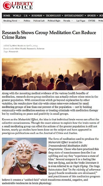 08_uk.jpg - Scores of scientific research studies, starting as early as 1975, have found that in cities and towns throughout the world where as little as one per cent of the population practises Transcendental Meditation, the trend of rising crime is reversed. The lower photo shows a subject having his brain wave coherence tested; a sign of increased inner peace leading harmonious effective behaviour.